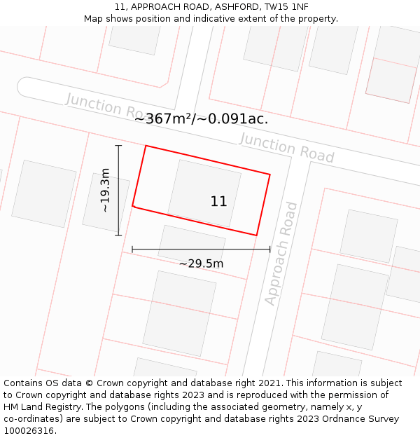 11, APPROACH ROAD, ASHFORD, TW15 1NF: Plot and title map