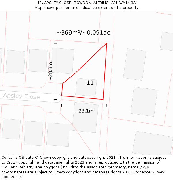 11, APSLEY CLOSE, BOWDON, ALTRINCHAM, WA14 3AJ: Plot and title map