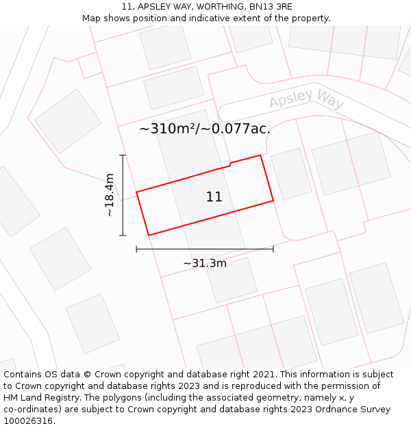 11, APSLEY WAY, WORTHING, BN13 3RE: Plot and title map