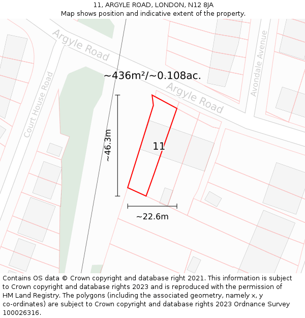 11, ARGYLE ROAD, LONDON, N12 8JA: Plot and title map