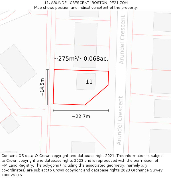 11, ARUNDEL CRESCENT, BOSTON, PE21 7QH: Plot and title map