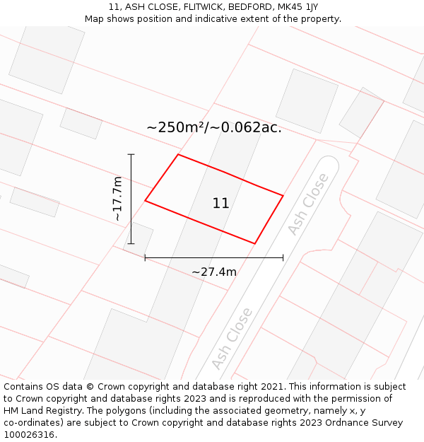 11, ASH CLOSE, FLITWICK, BEDFORD, MK45 1JY: Plot and title map