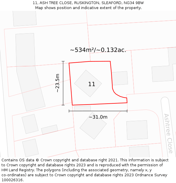 11, ASH TREE CLOSE, RUSKINGTON, SLEAFORD, NG34 9BW: Plot and title map