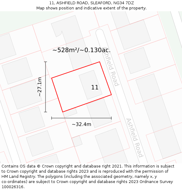 11, ASHFIELD ROAD, SLEAFORD, NG34 7DZ: Plot and title map