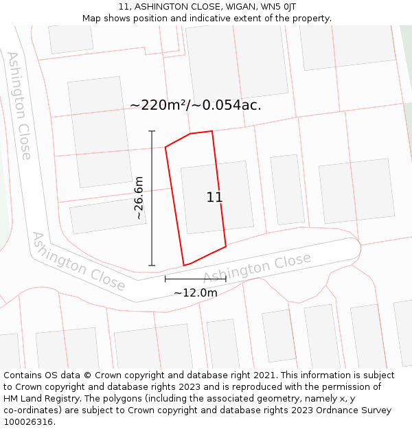 11, ASHINGTON CLOSE, WIGAN, WN5 0JT: Plot and title map