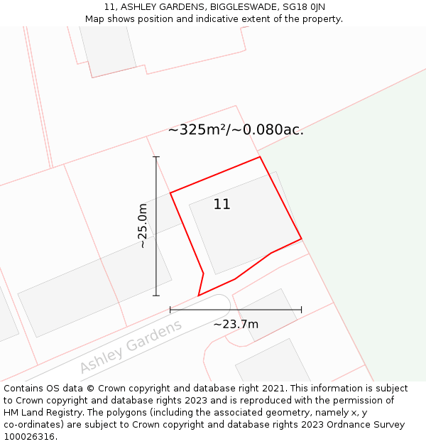 11, ASHLEY GARDENS, BIGGLESWADE, SG18 0JN: Plot and title map