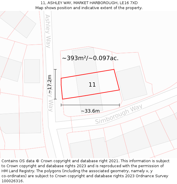 11, ASHLEY WAY, MARKET HARBOROUGH, LE16 7XD: Plot and title map