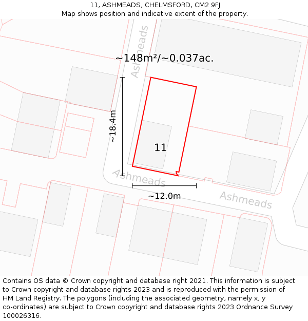 11, ASHMEADS, CHELMSFORD, CM2 9FJ: Plot and title map
