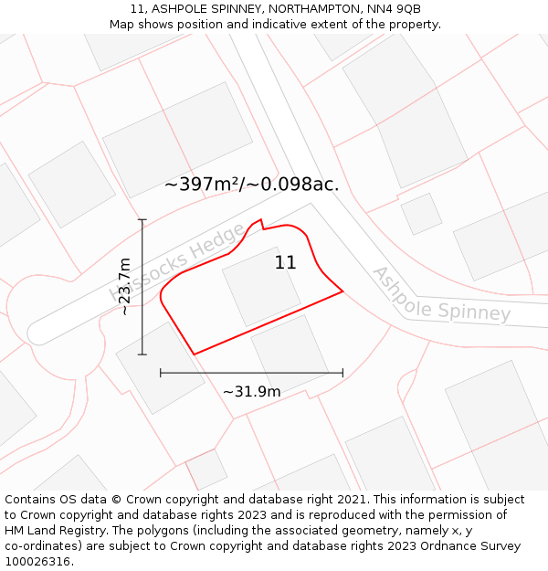 11, ASHPOLE SPINNEY, NORTHAMPTON, NN4 9QB: Plot and title map