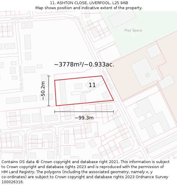 11, ASHTON CLOSE, LIVERPOOL, L25 9AB: Plot and title map