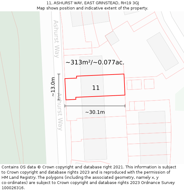 11, ASHURST WAY, EAST GRINSTEAD, RH19 3GJ: Plot and title map