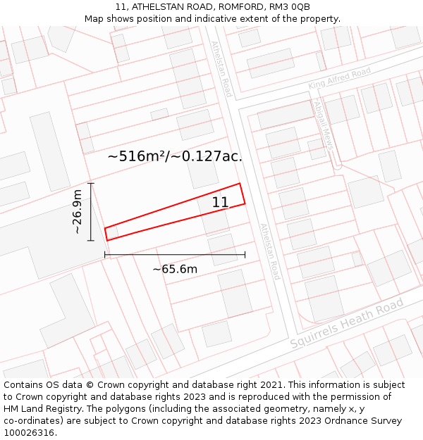 11, ATHELSTAN ROAD, ROMFORD, RM3 0QB: Plot and title map