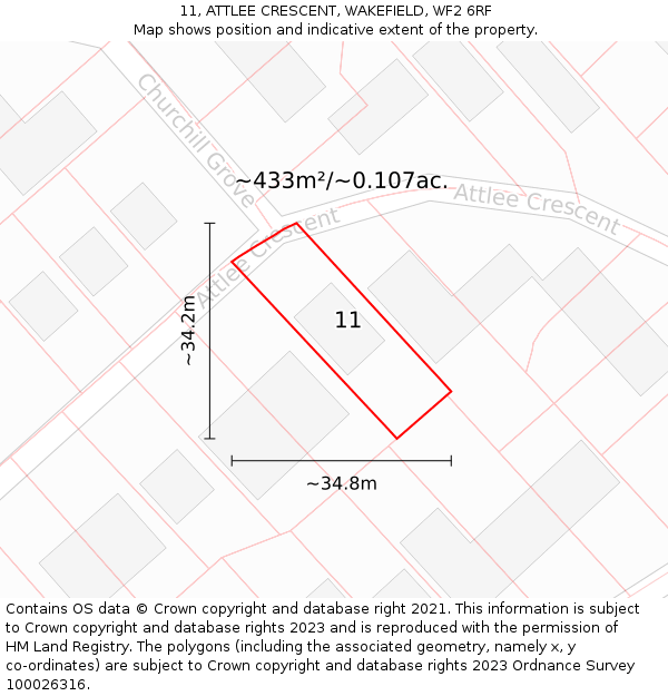 11, ATTLEE CRESCENT, WAKEFIELD, WF2 6RF: Plot and title map