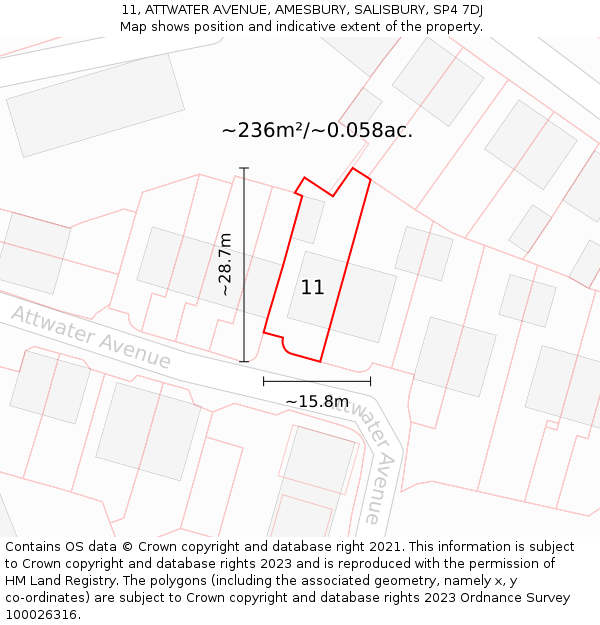 11, ATTWATER AVENUE, AMESBURY, SALISBURY, SP4 7DJ: Plot and title map