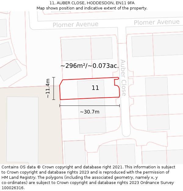 11, AUBER CLOSE, HODDESDON, EN11 9FA: Plot and title map