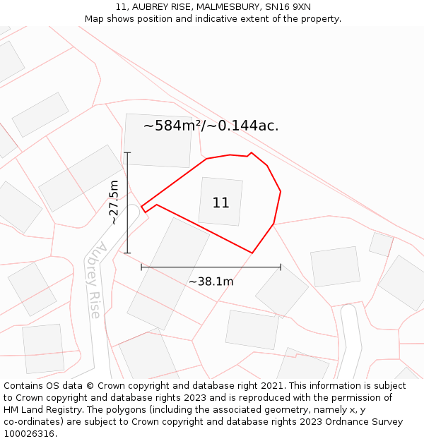 11, AUBREY RISE, MALMESBURY, SN16 9XN: Plot and title map