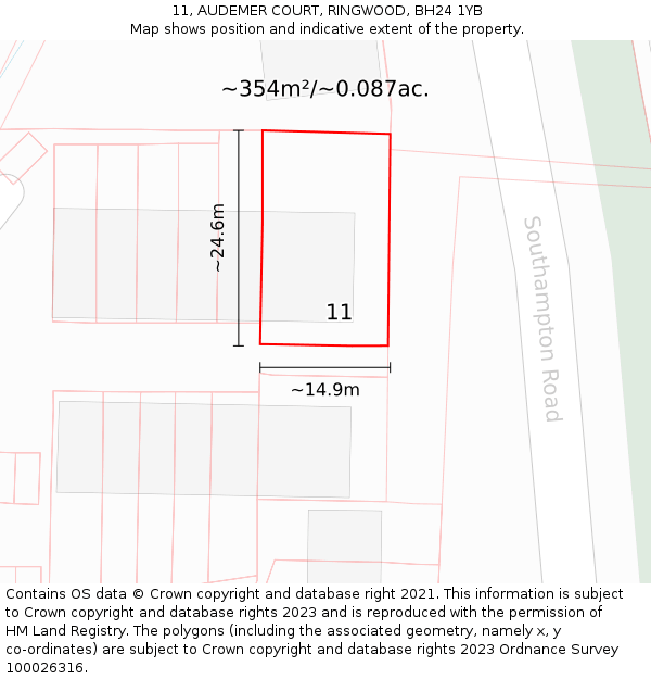 11, AUDEMER COURT, RINGWOOD, BH24 1YB: Plot and title map