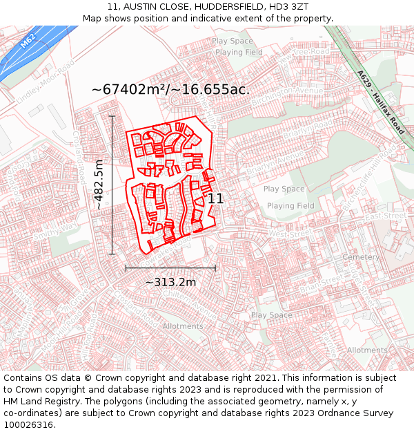 11, AUSTIN CLOSE, HUDDERSFIELD, HD3 3ZT: Plot and title map