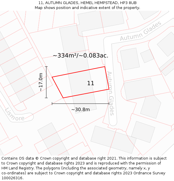 11, AUTUMN GLADES, HEMEL HEMPSTEAD, HP3 8UB: Plot and title map