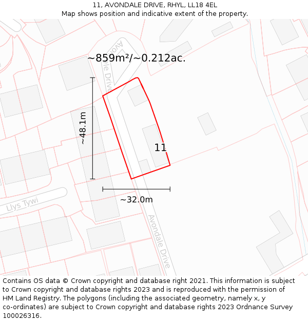 11, AVONDALE DRIVE, RHYL, LL18 4EL: Plot and title map