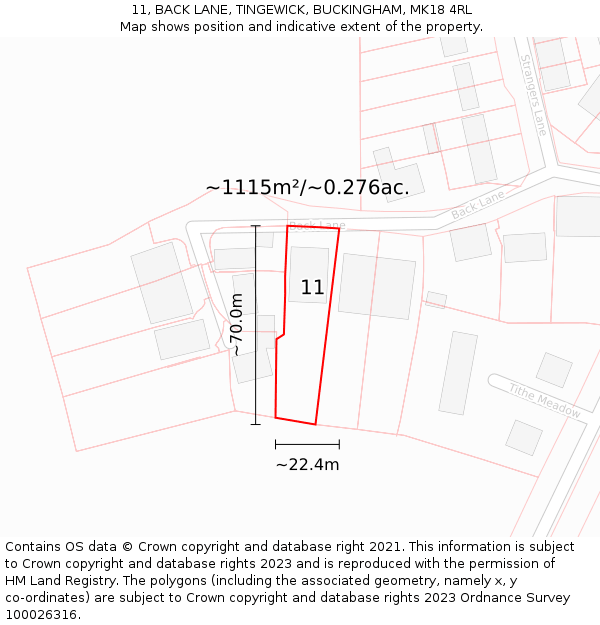 11, BACK LANE, TINGEWICK, BUCKINGHAM, MK18 4RL: Plot and title map