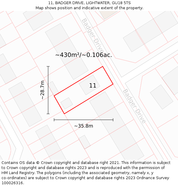 11, BADGER DRIVE, LIGHTWATER, GU18 5TS: Plot and title map