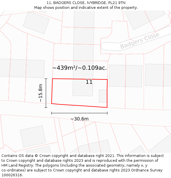 11, BADGERS CLOSE, IVYBRIDGE, PL21 9TN: Plot and title map