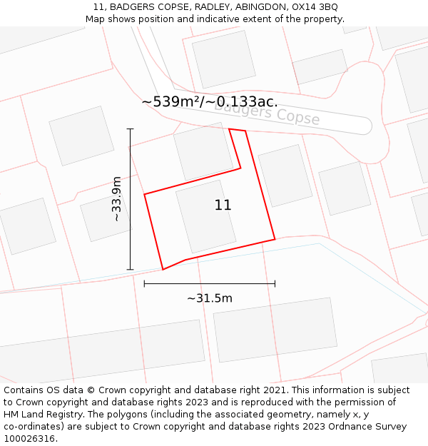 11, BADGERS COPSE, RADLEY, ABINGDON, OX14 3BQ: Plot and title map