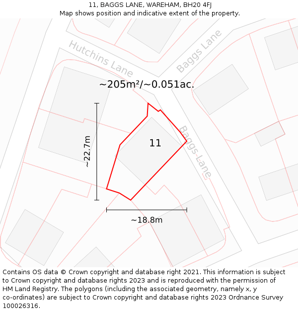 11, BAGGS LANE, WAREHAM, BH20 4FJ: Plot and title map