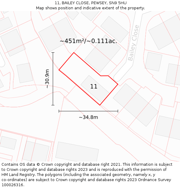 11, BAILEY CLOSE, PEWSEY, SN9 5HU: Plot and title map