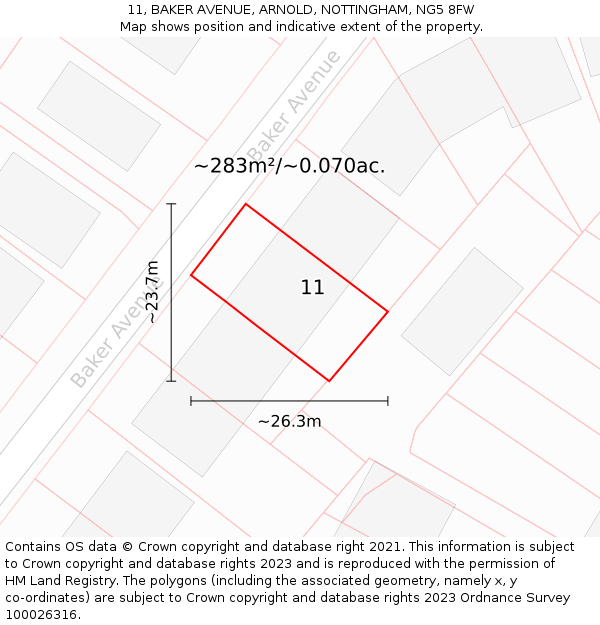 11, BAKER AVENUE, ARNOLD, NOTTINGHAM, NG5 8FW: Plot and title map