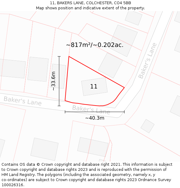 11, BAKERS LANE, COLCHESTER, CO4 5BB: Plot and title map