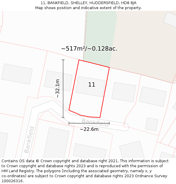 11, BANKFIELD, SHELLEY, HUDDERSFIELD, HD8 8JA: Plot and title map