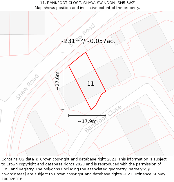 11, BANKFOOT CLOSE, SHAW, SWINDON, SN5 5WZ: Plot and title map