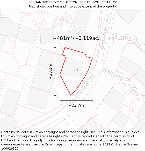 11, BANNISTER DRIVE, HUTTON, BRENTWOOD, CM13 1YX: Plot and title map