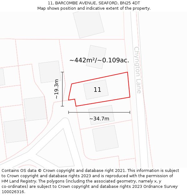 11, BARCOMBE AVENUE, SEAFORD, BN25 4DT: Plot and title map