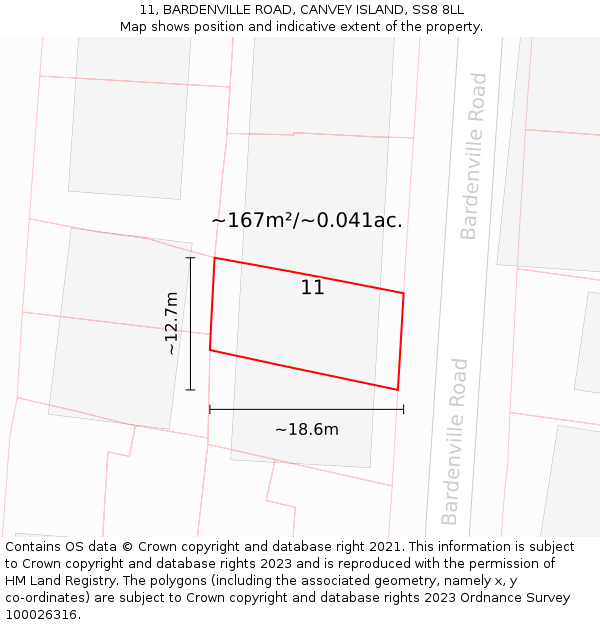 11, BARDENVILLE ROAD, CANVEY ISLAND, SS8 8LL: Plot and title map