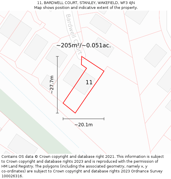 11, BARDWELL COURT, STANLEY, WAKEFIELD, WF3 4JN: Plot and title map