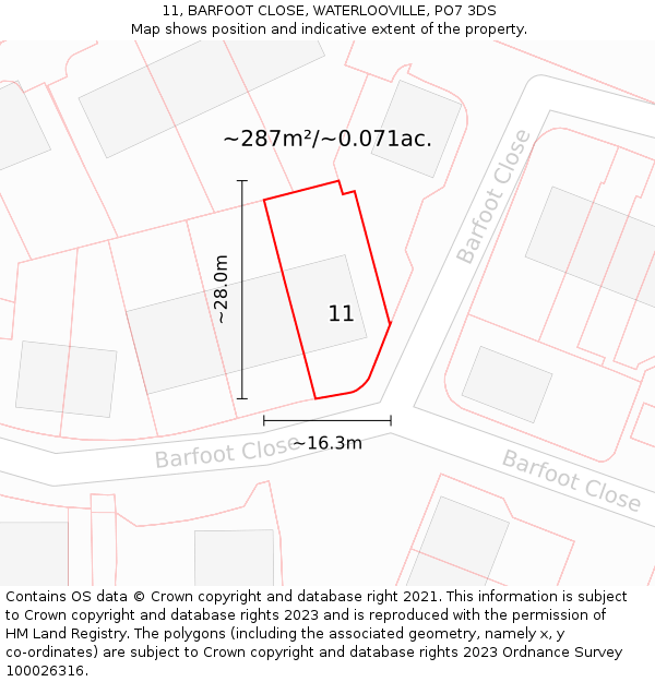 11, BARFOOT CLOSE, WATERLOOVILLE, PO7 3DS: Plot and title map