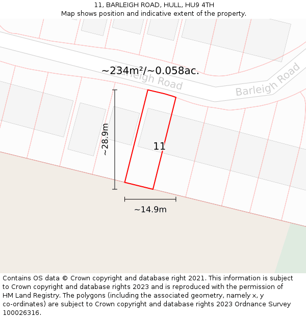 11, BARLEIGH ROAD, HULL, HU9 4TH: Plot and title map