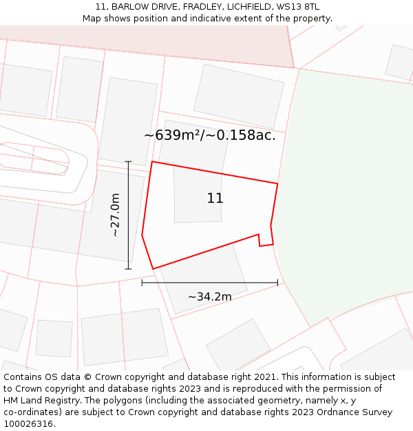 11, BARLOW DRIVE, FRADLEY, LICHFIELD, WS13 8TL: Plot and title map