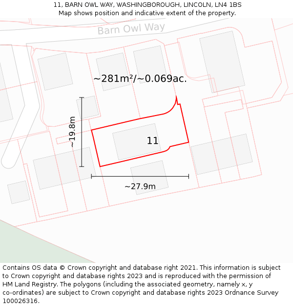 11, BARN OWL WAY, WASHINGBOROUGH, LINCOLN, LN4 1BS: Plot and title map