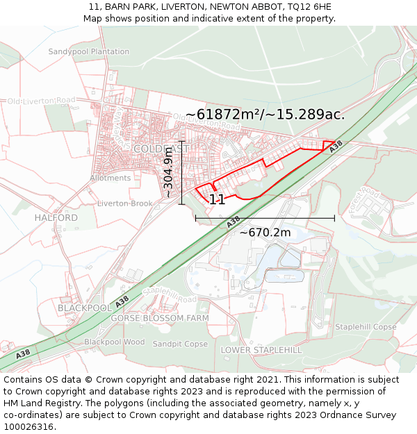 11, BARN PARK, LIVERTON, NEWTON ABBOT, TQ12 6HE: Plot and title map
