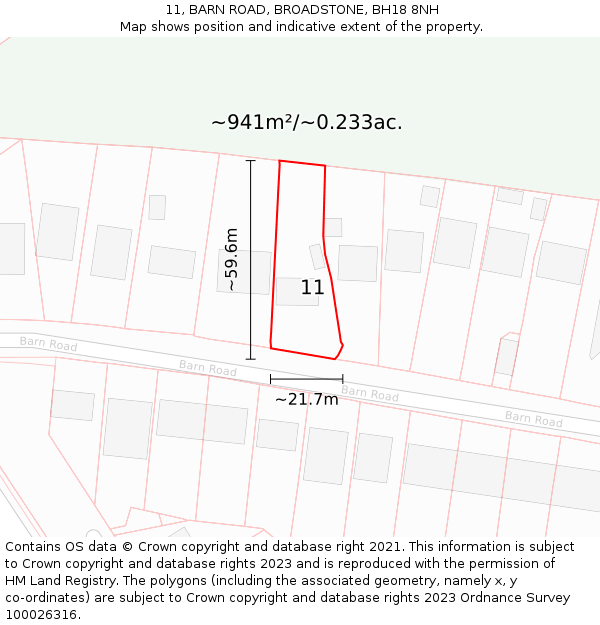 11, BARN ROAD, BROADSTONE, BH18 8NH: Plot and title map