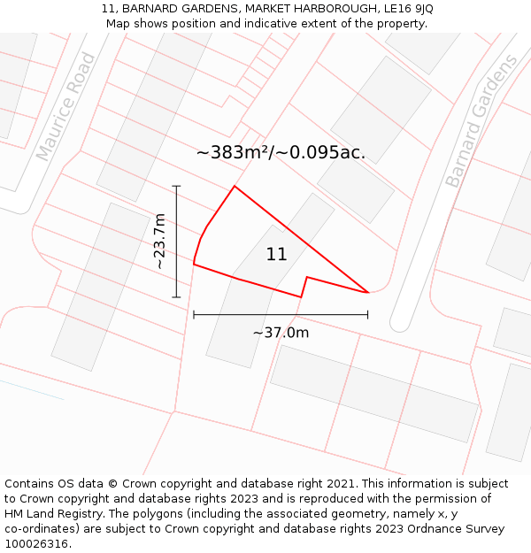 11, BARNARD GARDENS, MARKET HARBOROUGH, LE16 9JQ: Plot and title map