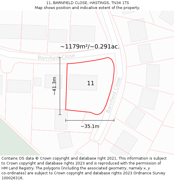 11, BARNFIELD CLOSE, HASTINGS, TN34 1TS: Plot and title map