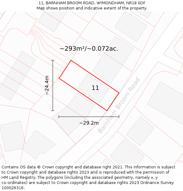 11, BARNHAM BROOM ROAD, WYMONDHAM, NR18 0DF: Plot and title map