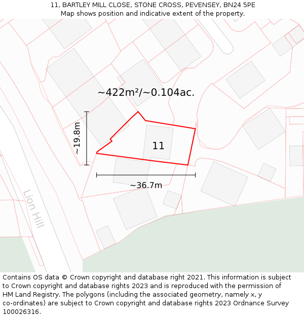 11, BARTLEY MILL CLOSE, STONE CROSS, PEVENSEY, BN24 5PE: Plot and title map