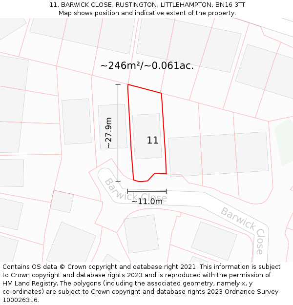 11, BARWICK CLOSE, RUSTINGTON, LITTLEHAMPTON, BN16 3TT: Plot and title map