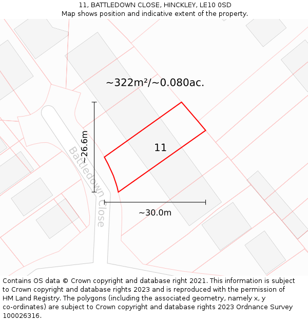 11, BATTLEDOWN CLOSE, HINCKLEY, LE10 0SD: Plot and title map